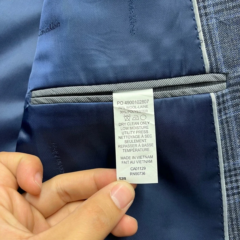 Calvin Klein Mens 52R Blue Glen Plaid Wool Blend 2 Button Suit Jacket Blazer